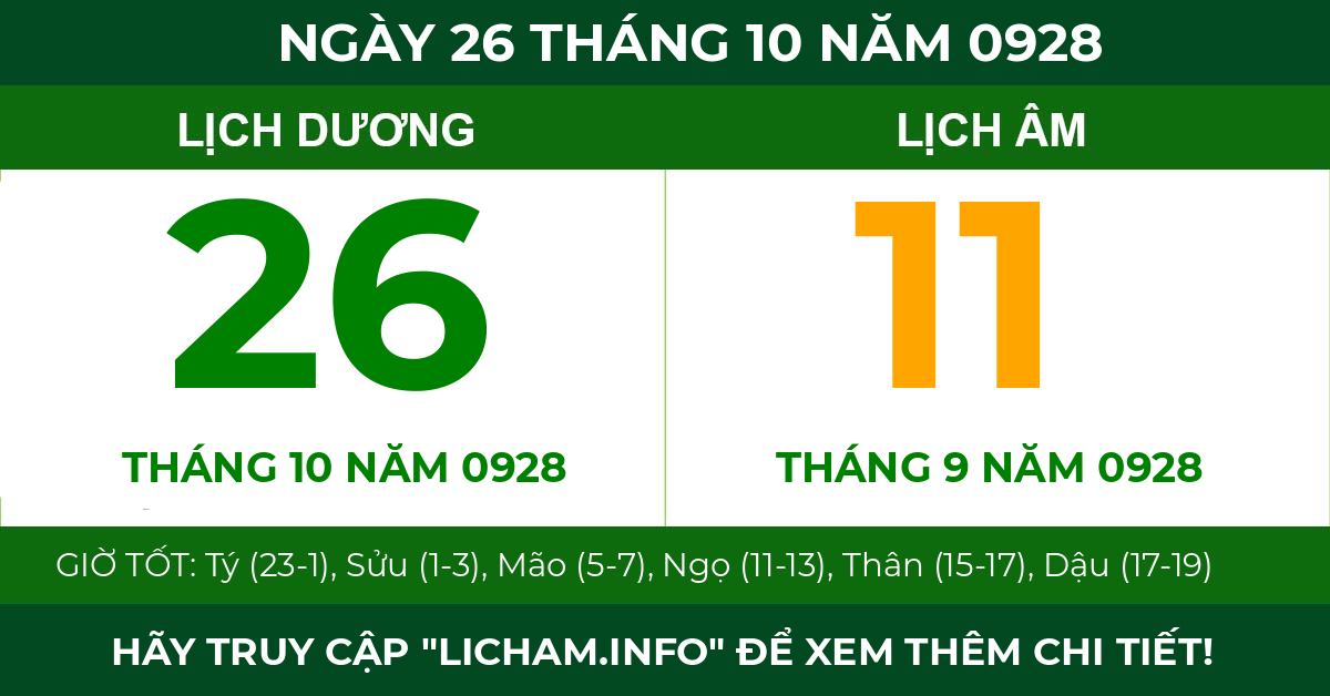 lịch âm ngày 26 tháng 10 năm 0928