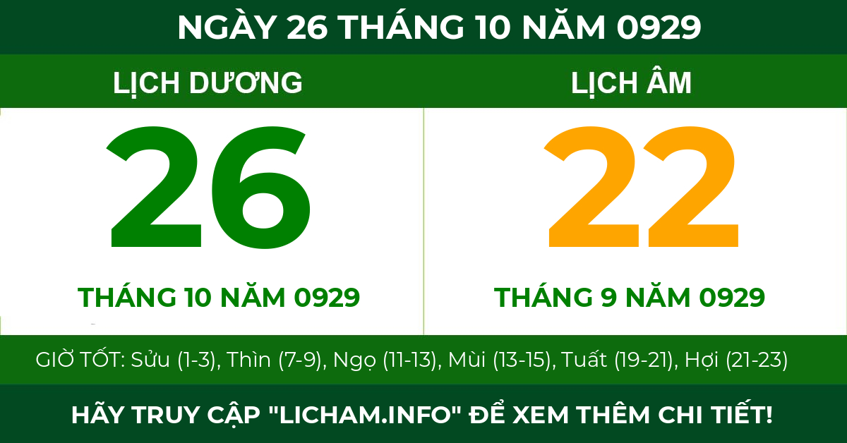 lịch âm ngày 26 tháng 10 năm 0929