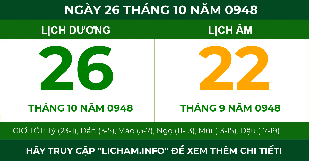 lịch âm ngày 26 tháng 10 năm 0948