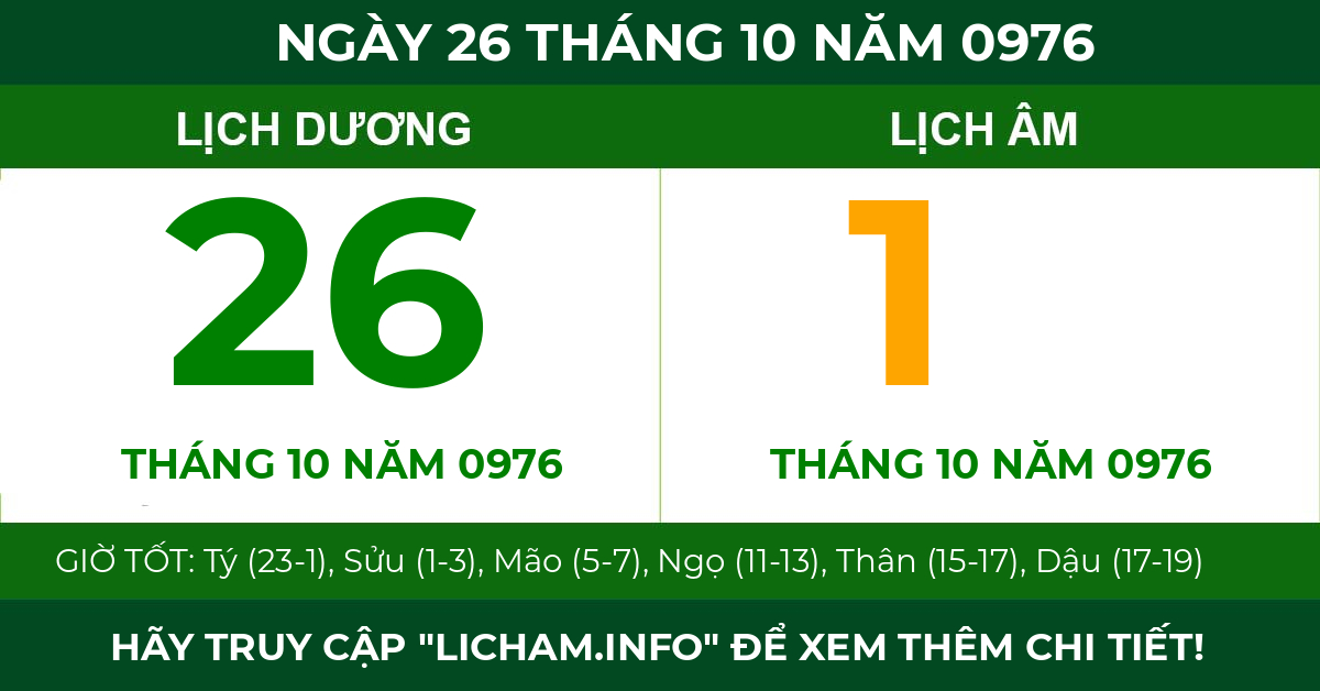 lịch âm ngày 26 tháng 10 năm 0976