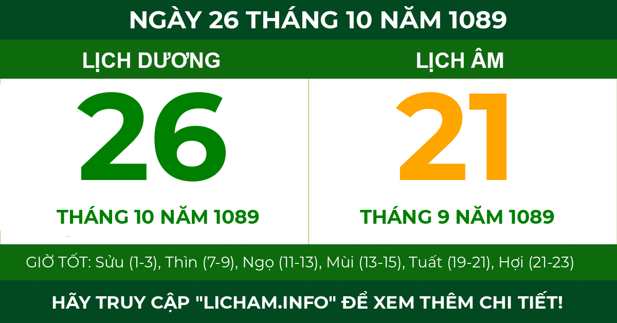 lịch âm ngày 26 tháng 10 năm 1089