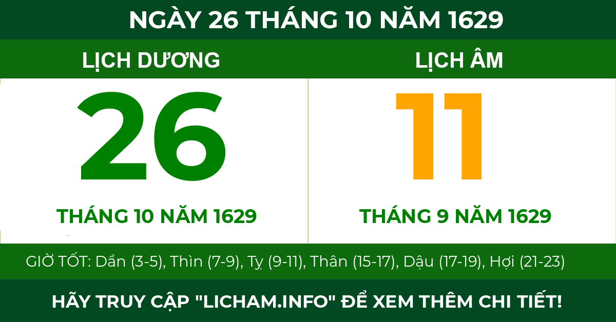 lịch âm ngày 26 tháng 10 năm 1629