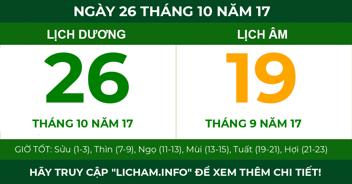 lịch âm ngày 26 tháng 10 năm 17