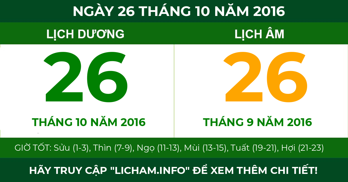 lịch âm ngày 26 tháng 10 năm 2016