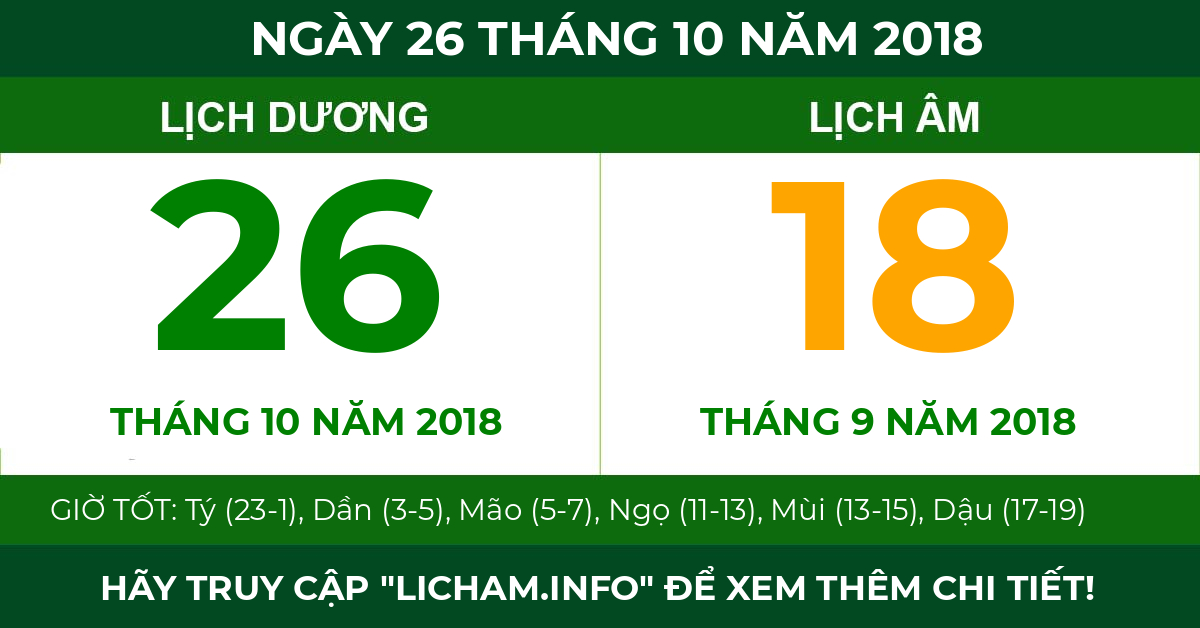 lịch âm ngày 26 tháng 10 năm 2018