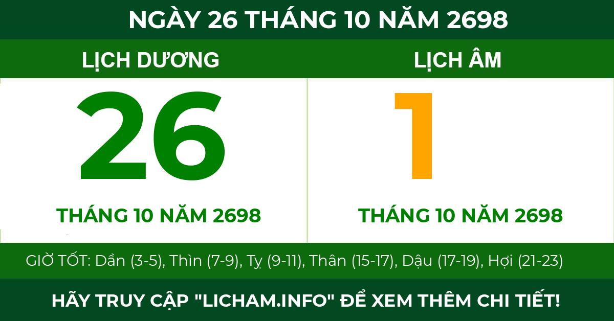 lịch âm ngày 26 tháng 10 năm 2698