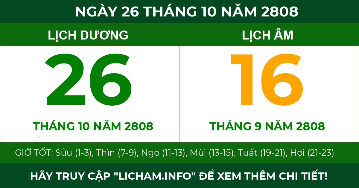 lịch âm ngày 26 tháng 10 năm 2808