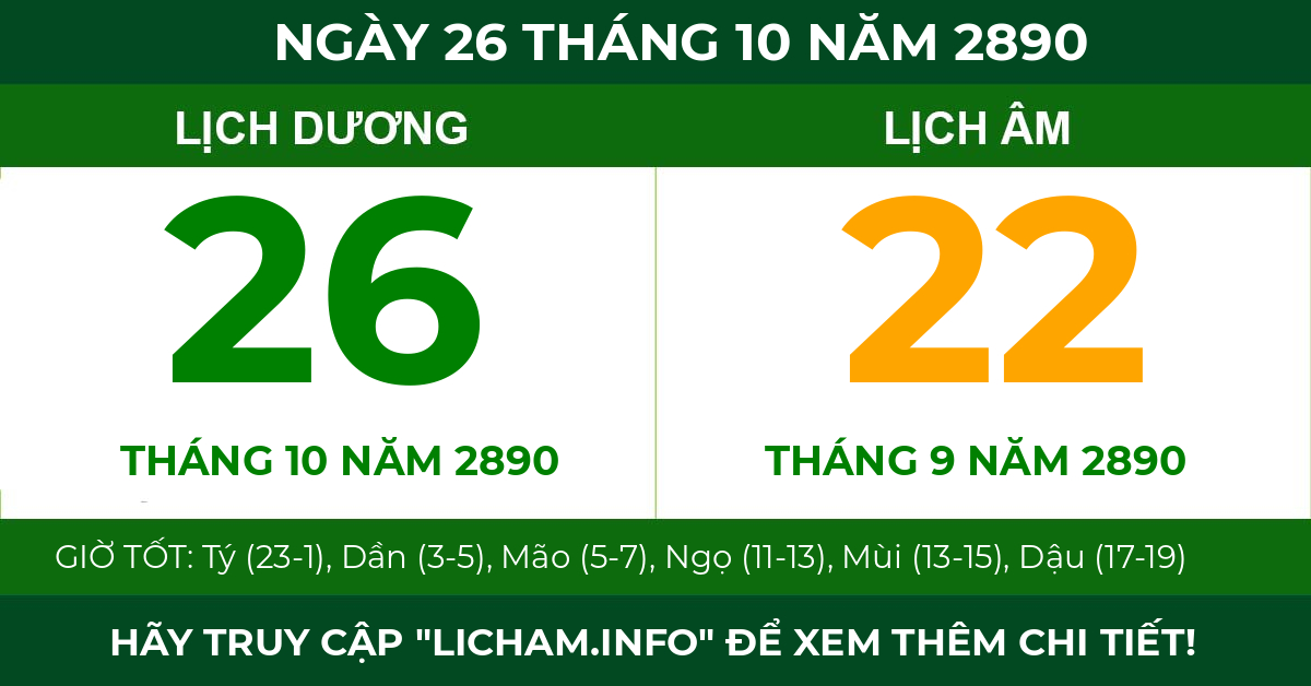 lịch âm ngày 26 tháng 10 năm 2890