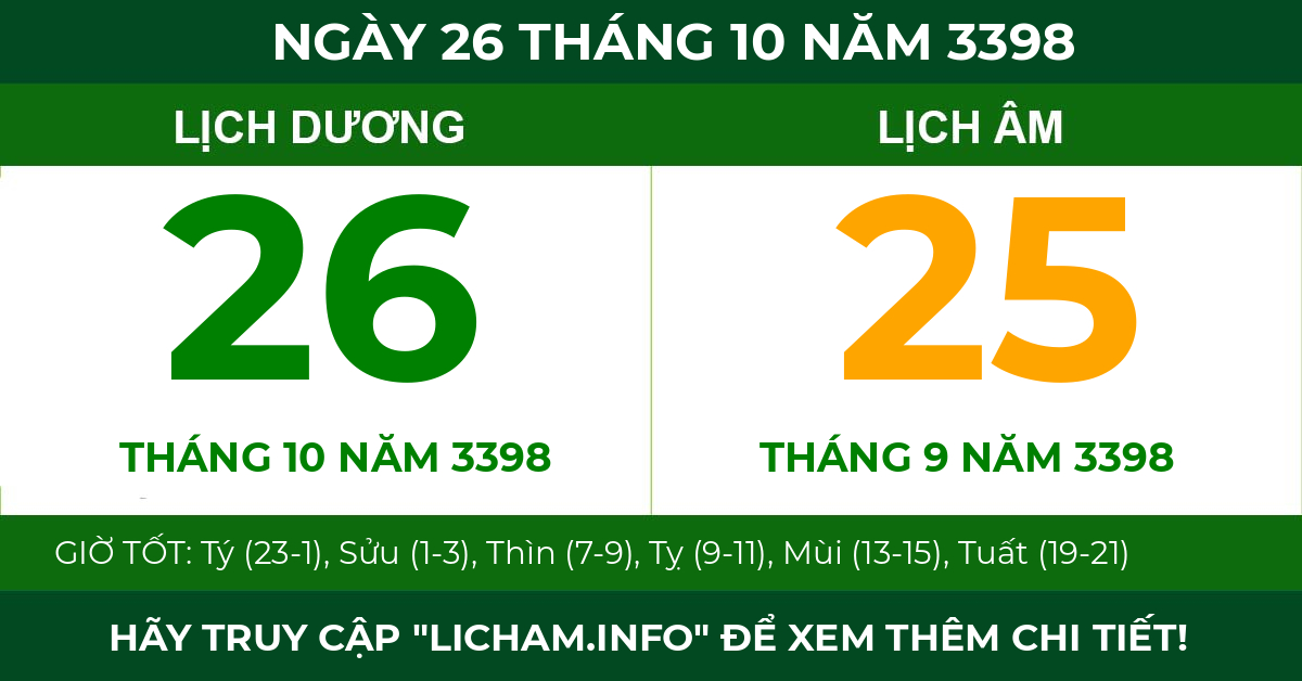 lịch âm ngày 26 tháng 10 năm 3398