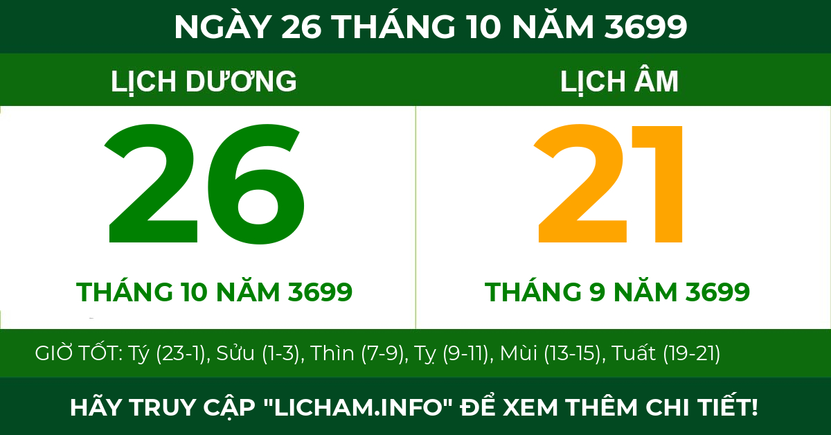 lịch âm ngày 26 tháng 10 năm 3699