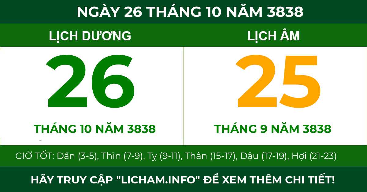 lịch âm ngày 26 tháng 10 năm 3838