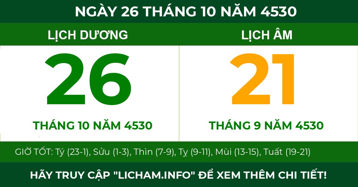 lịch âm ngày 26 tháng 10 năm 4530