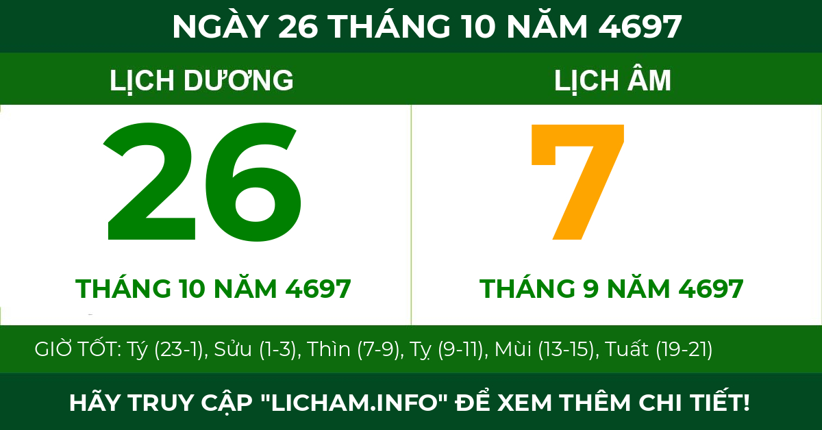 lịch âm ngày 26 tháng 10 năm 4697