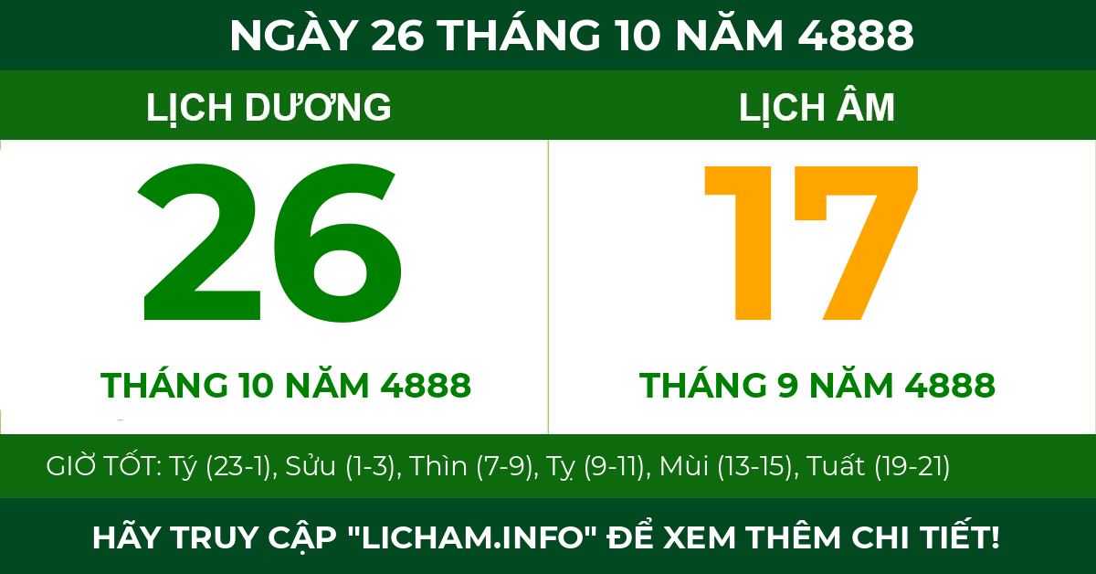lịch âm ngày 26 tháng 10 năm 4888