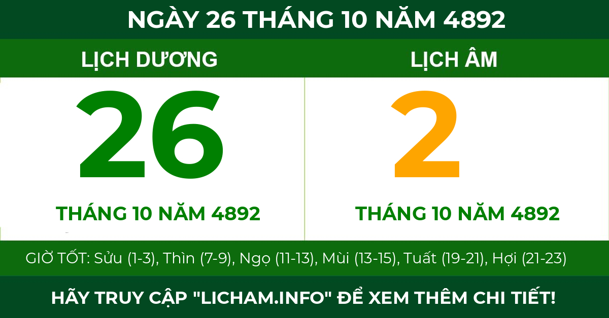 lịch âm ngày 26 tháng 10 năm 4892