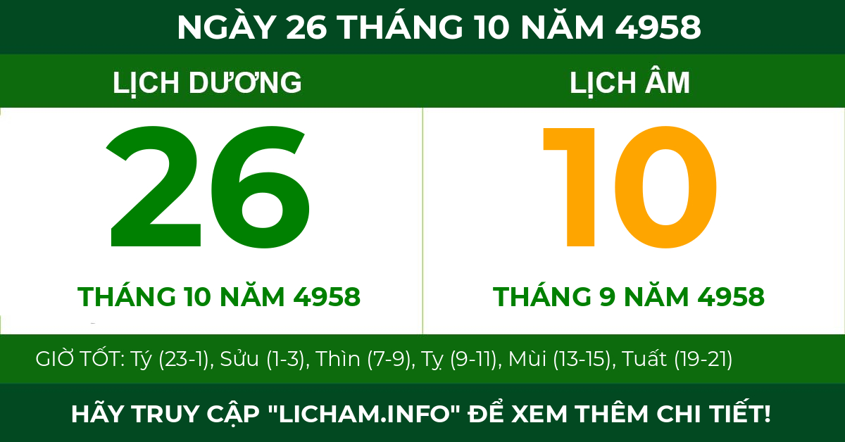 lịch âm ngày 26 tháng 10 năm 4958