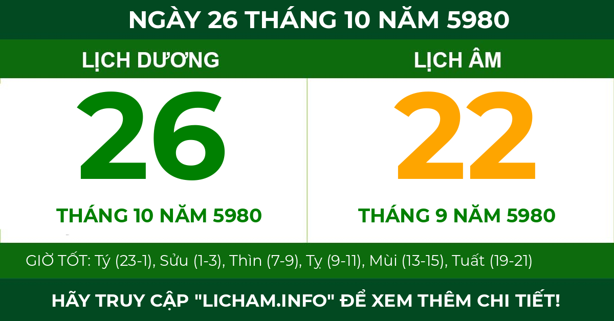 lịch âm ngày 26 tháng 10 năm 5980