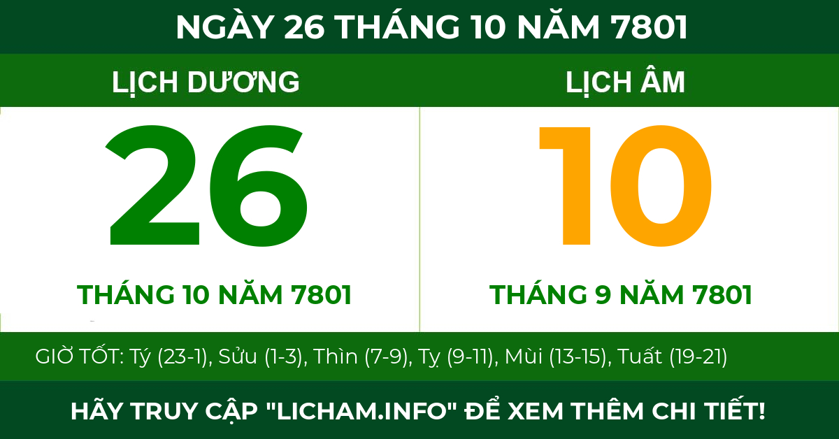 lịch âm ngày 26 tháng 10 năm 7801