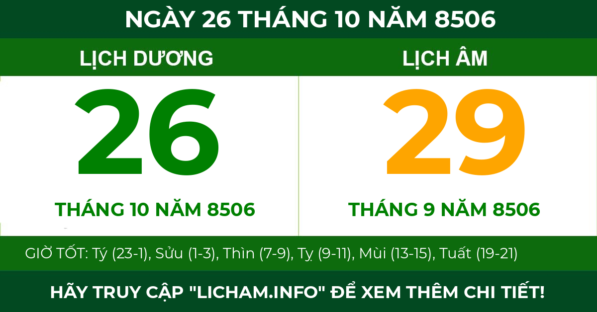 lịch âm ngày 26 tháng 10 năm 8506