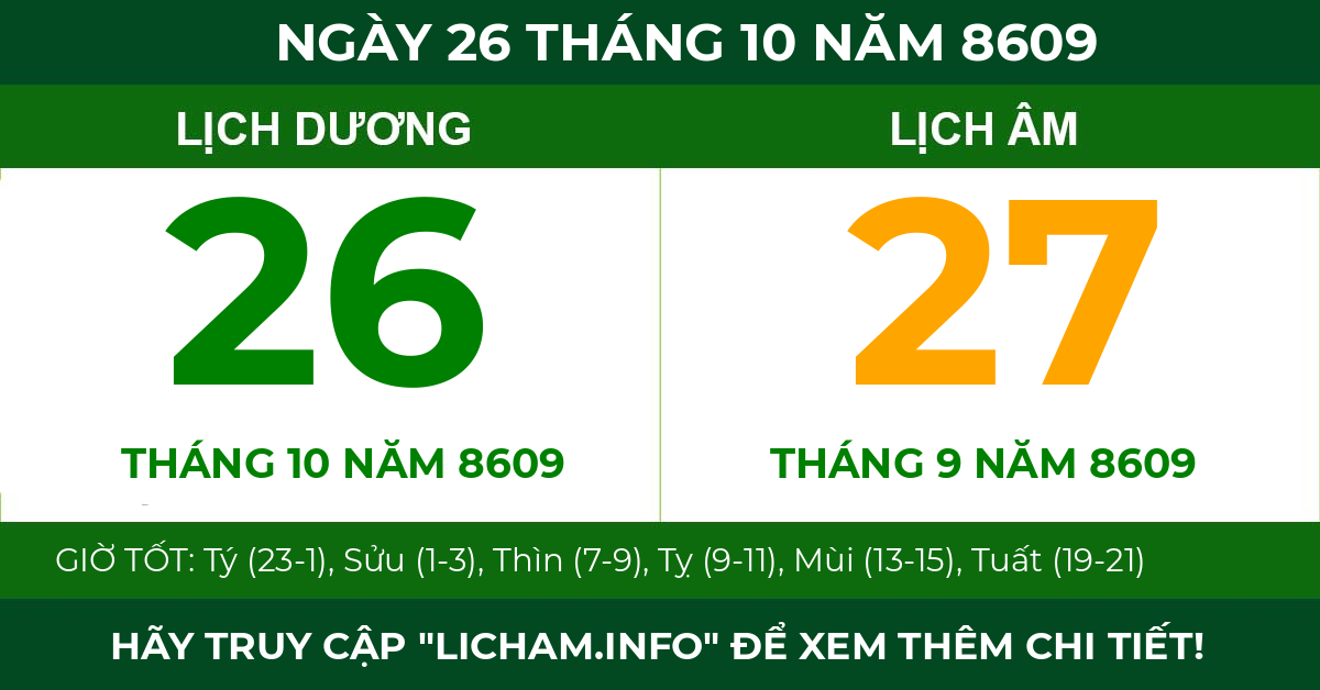 lịch âm ngày 26 tháng 10 năm 8609