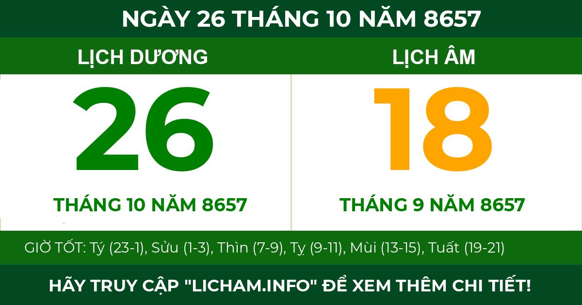 lịch âm ngày 26 tháng 10 năm 8657
