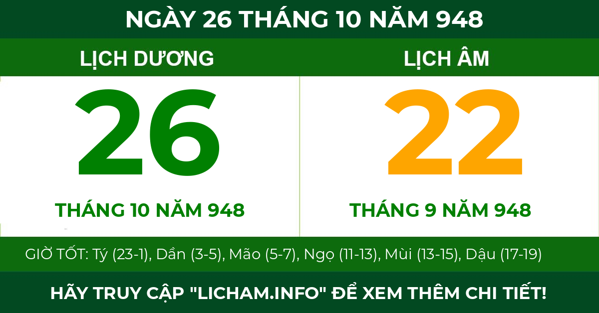 lịch âm ngày 26 tháng 10 năm 948