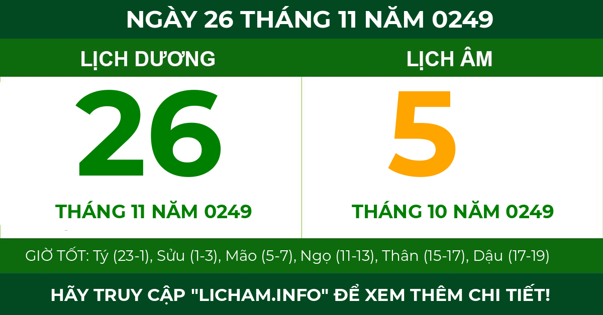 lịch âm ngày 26 tháng 11 năm 0249