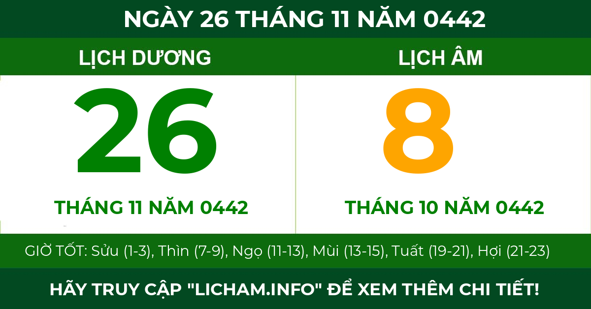 lịch âm ngày 26 tháng 11 năm 0442
