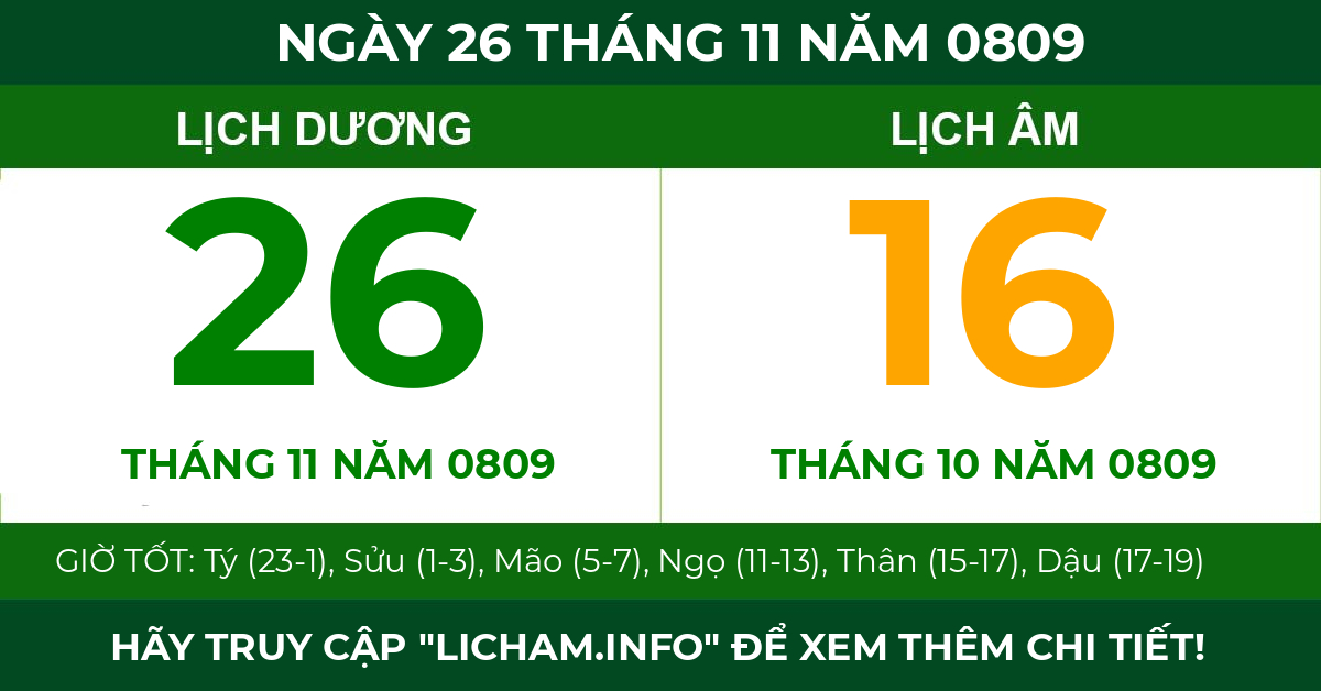 lịch âm ngày 26 tháng 11 năm 0809