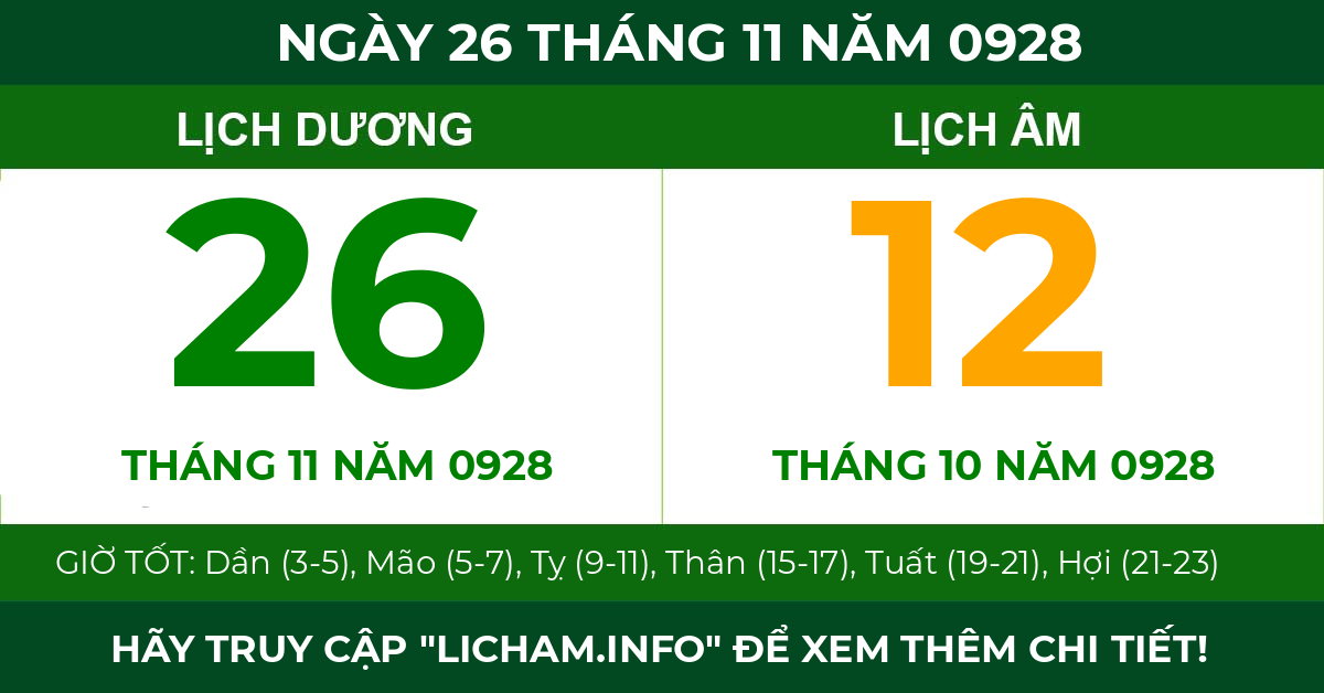 lịch âm ngày 26 tháng 11 năm 0928