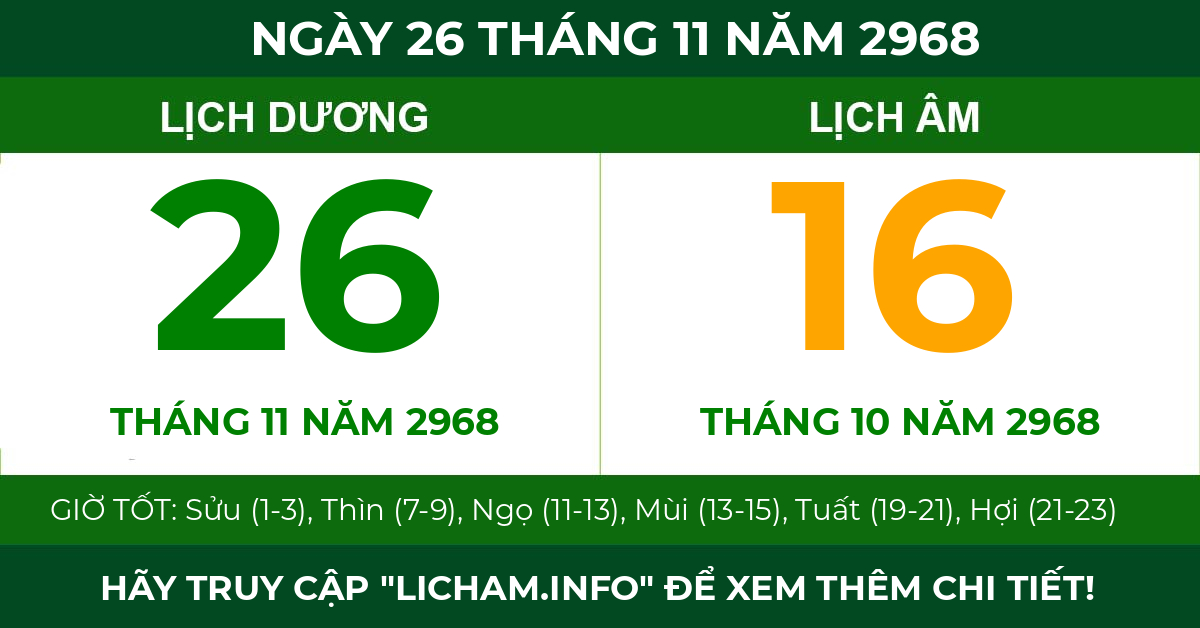 lịch âm ngày 26 tháng 11 năm 2968