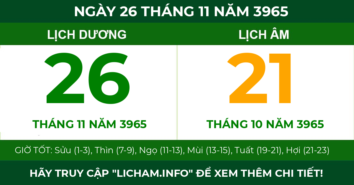 lịch âm ngày 26 tháng 11 năm 3965