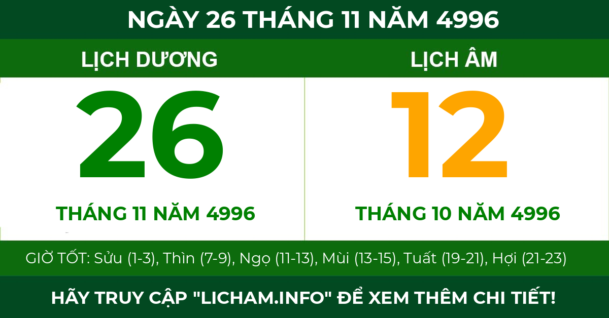 lịch âm ngày 26 tháng 11 năm 4996