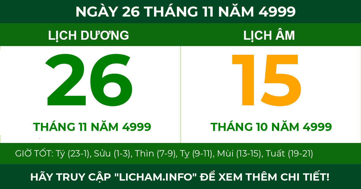 lịch âm ngày 26 tháng 11 năm 4999