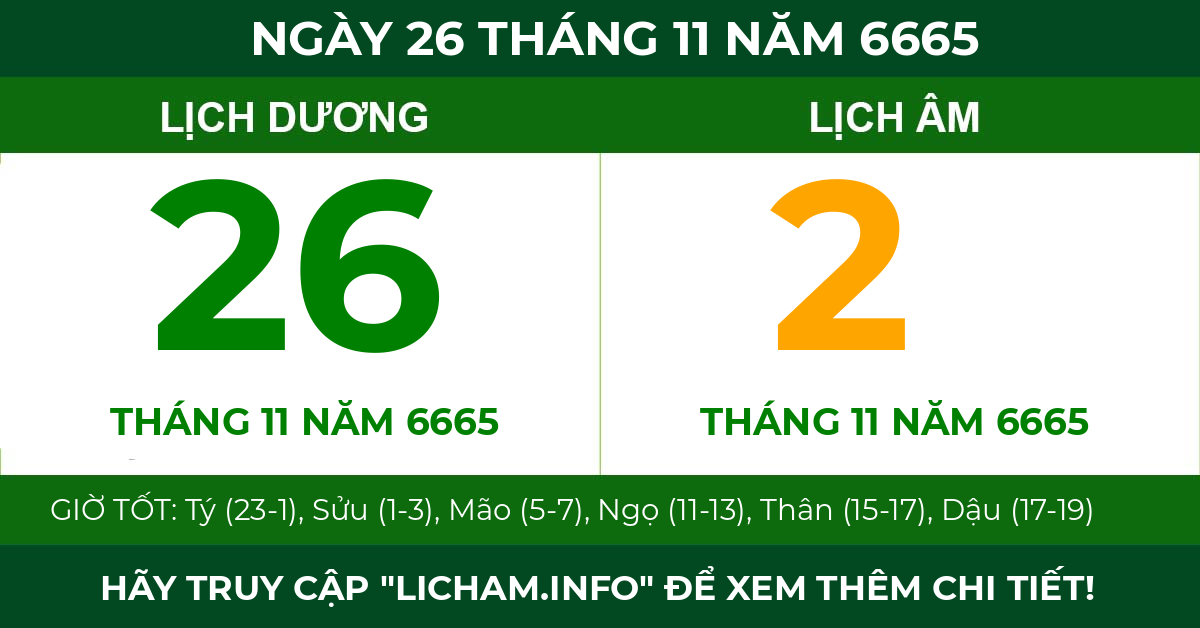 lịch âm ngày 26 tháng 11 năm 6665