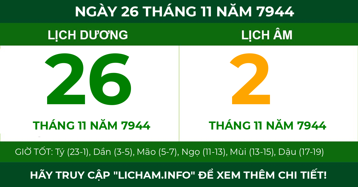 lịch âm ngày 26 tháng 11 năm 7944