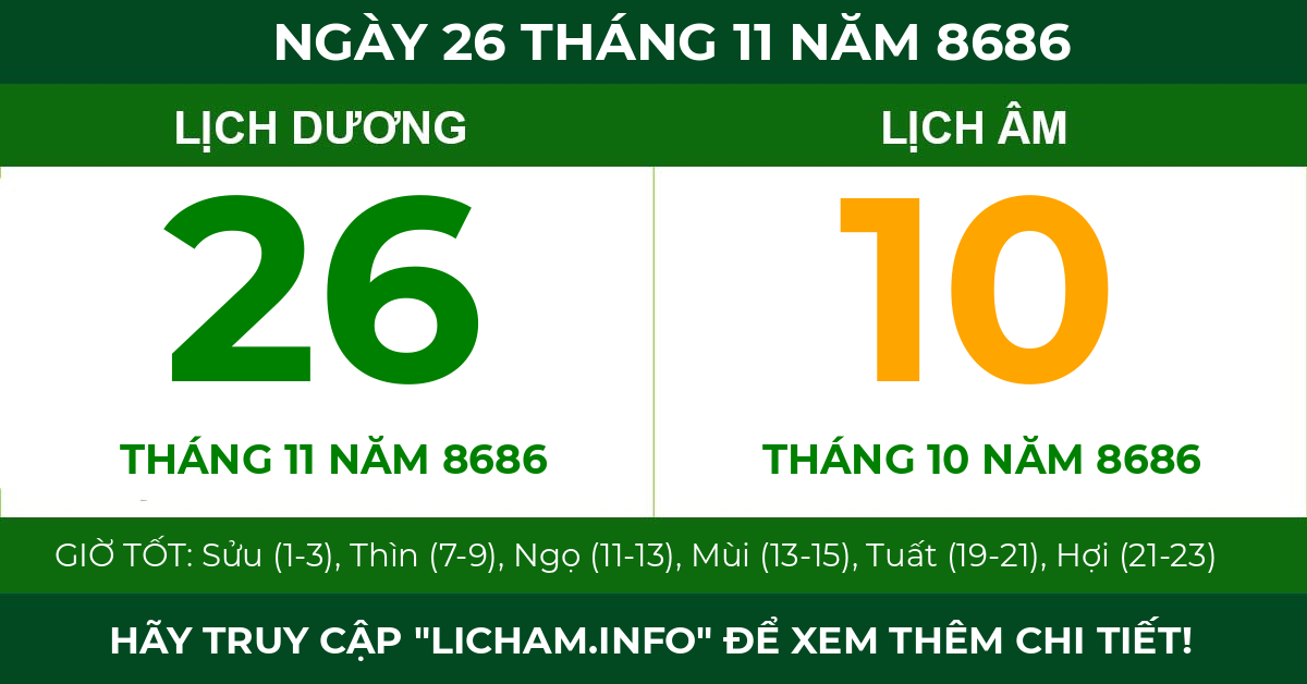 lịch âm ngày 26 tháng 11 năm 8686