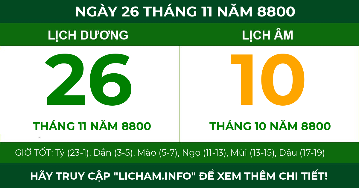 lịch âm ngày 26 tháng 11 năm 8800