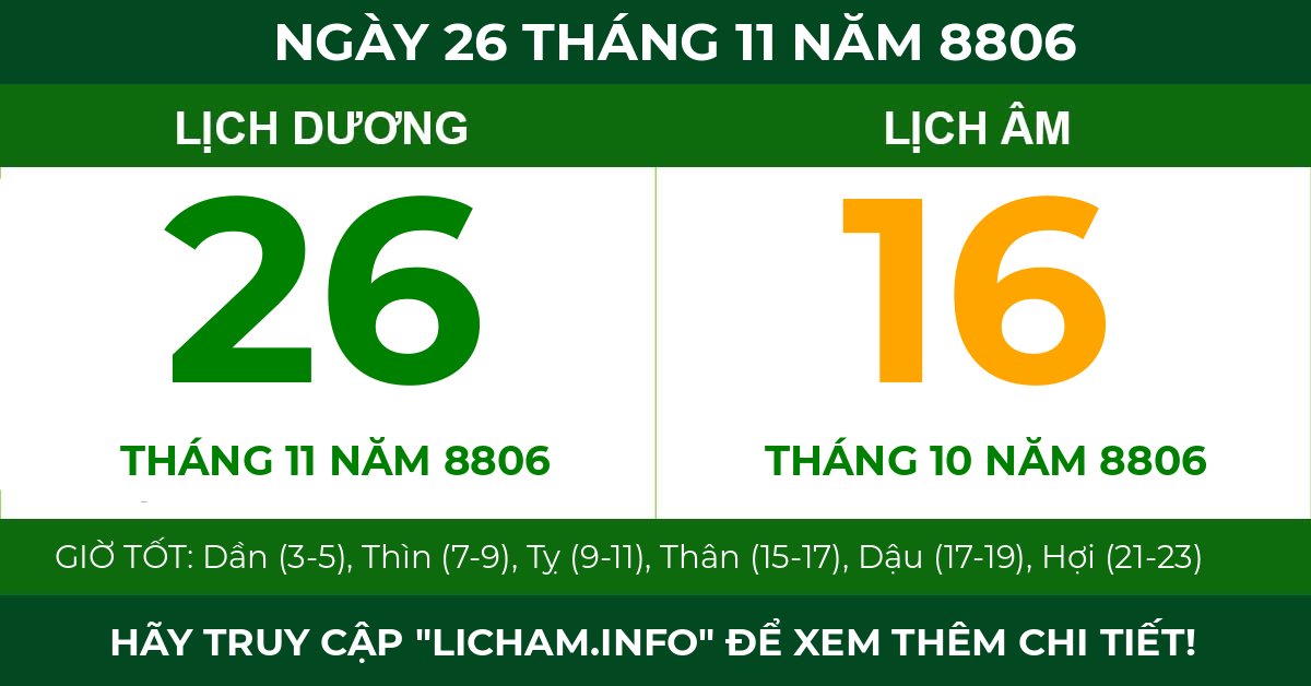 lịch âm ngày 26 tháng 11 năm 8806