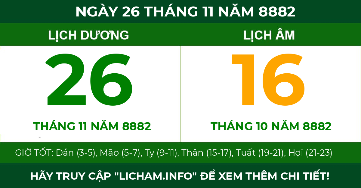 lịch âm ngày 26 tháng 11 năm 8882