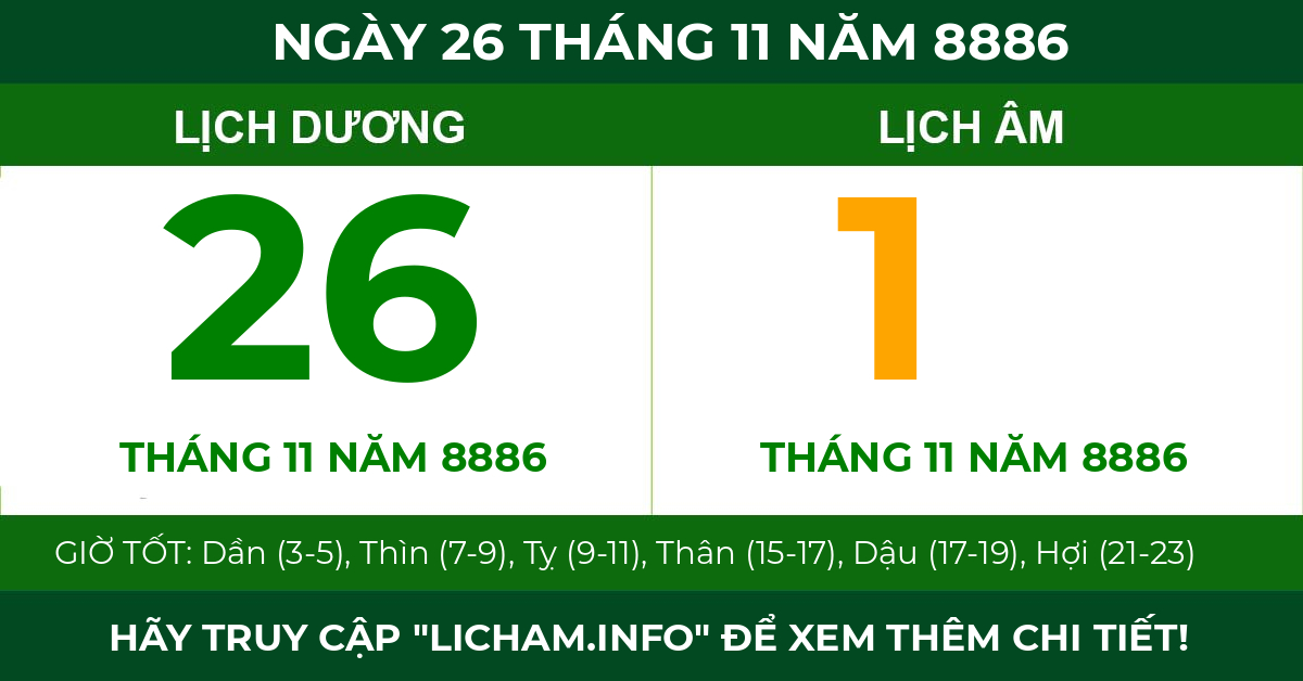 lịch âm ngày 26 tháng 11 năm 8886