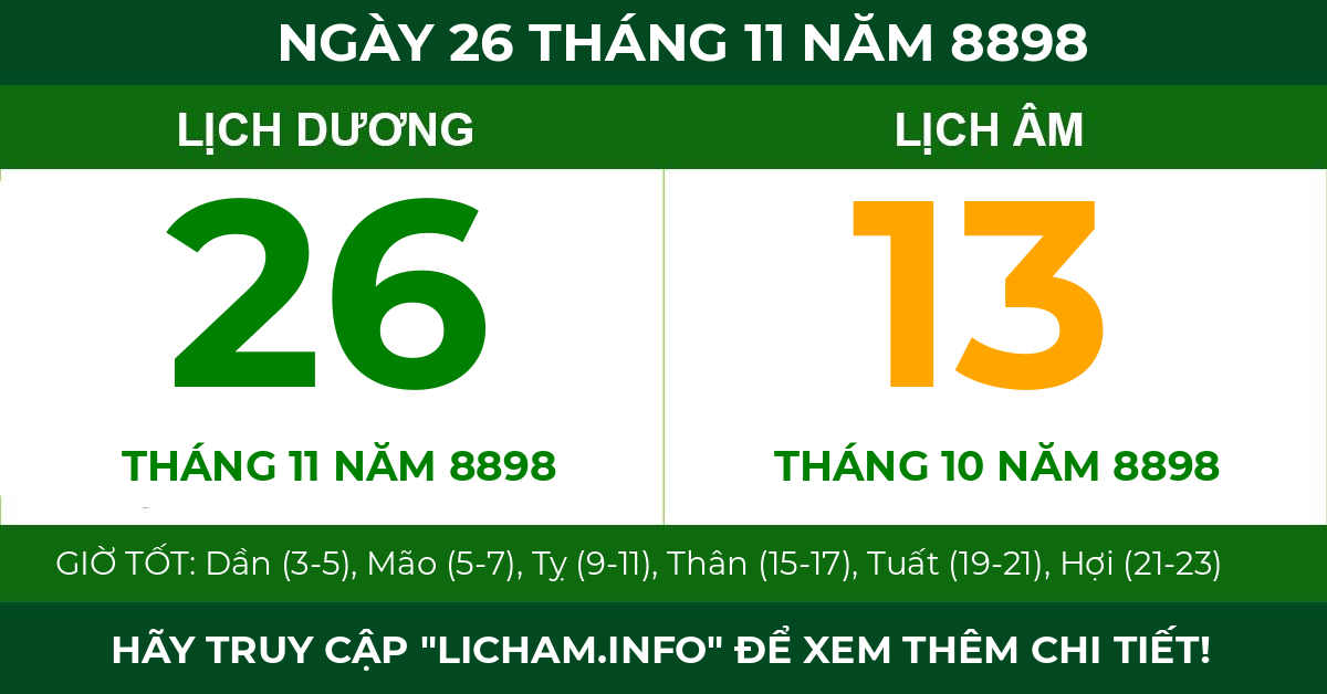 lịch âm ngày 26 tháng 11 năm 8898