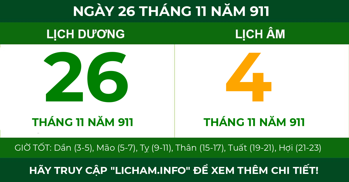 lịch âm ngày 26 tháng 11 năm 911