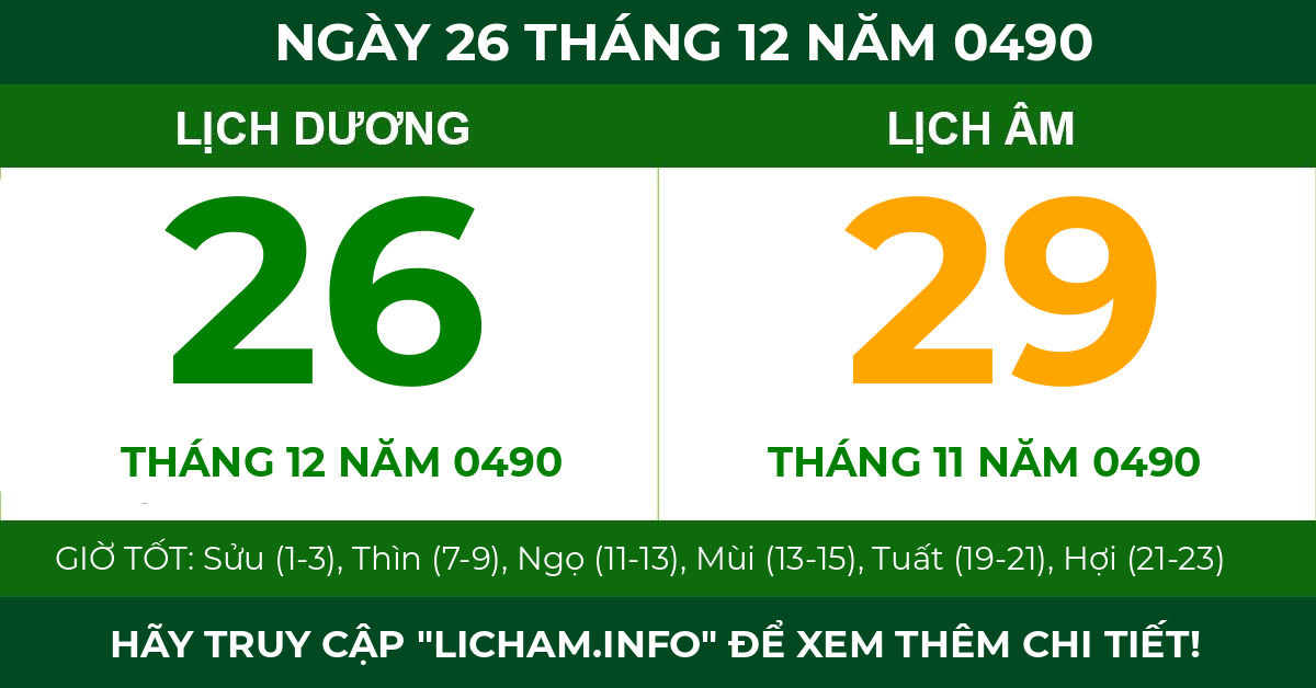 lịch âm ngày 26 tháng 12 năm 0490