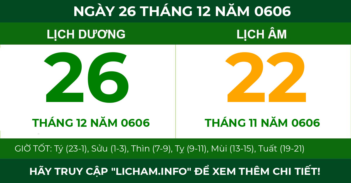 lịch âm ngày 26 tháng 12 năm 0606