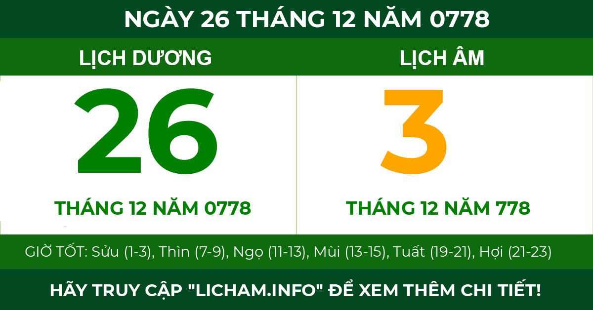 lịch âm ngày 26 tháng 12 năm 0778