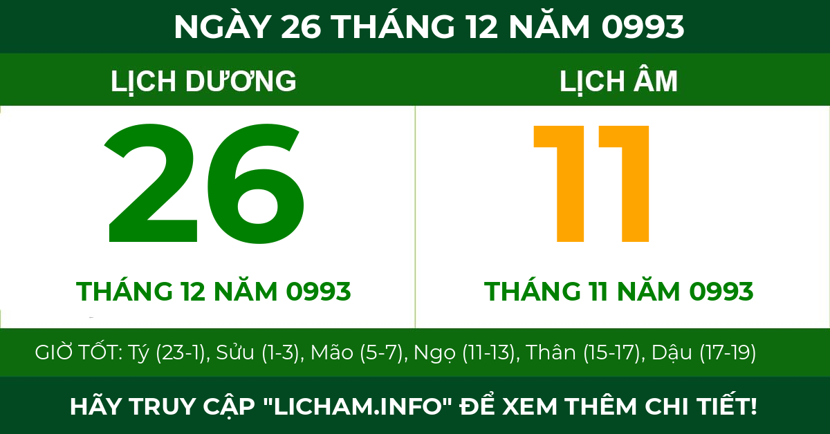 lịch âm ngày 26 tháng 12 năm 0993