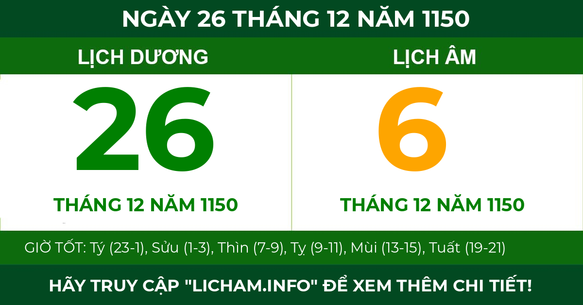 lịch âm ngày 26 tháng 12 năm 1150