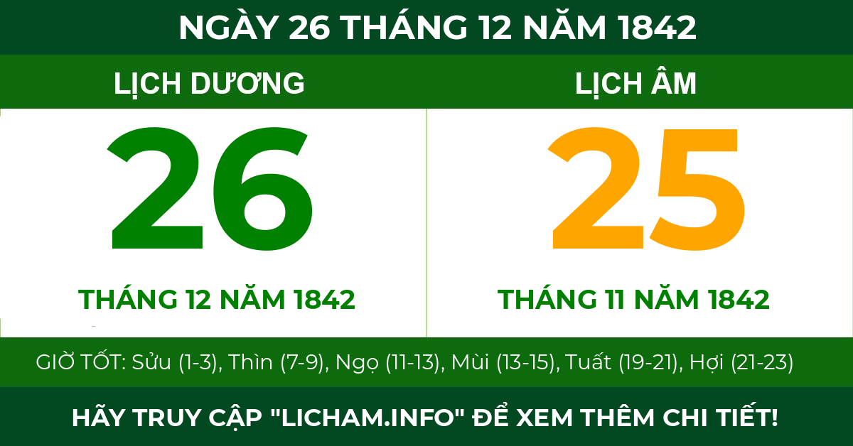 lịch âm ngày 26 tháng 12 năm 1842