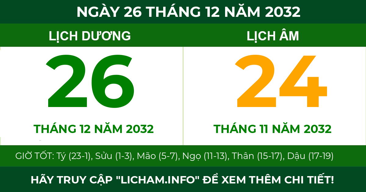 lịch âm ngày 26 tháng 12 năm 2032